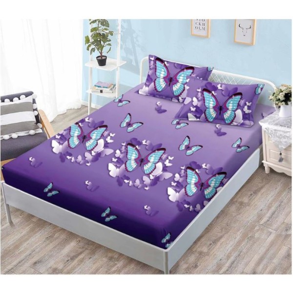 Set 3 Piese Husa din Finet cu Elastic, pentru Pat Dublu, 2 Fete de Perna, Mov cu Fluturi