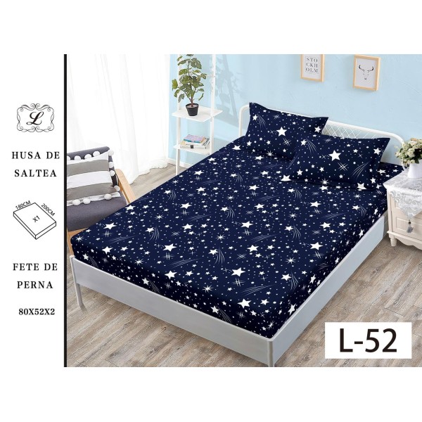 Set 3 Piese Husa din Finet cu Elastic, pentru Pat Dublu, 2 Fete de Perna, Ploaie De Stele Albastru Inchis