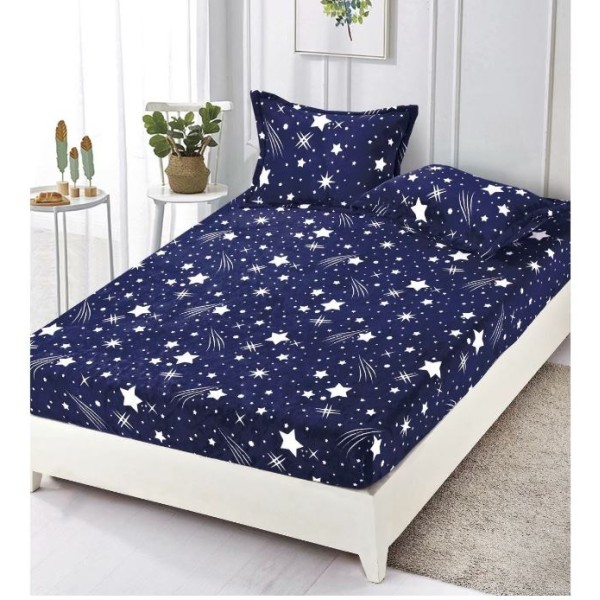 Set 3 Piese Husa din Finet cu Elastic, pentru Pat Dublu, 2 Fete de Perna, Ploaie De Stele Albastru Inchis