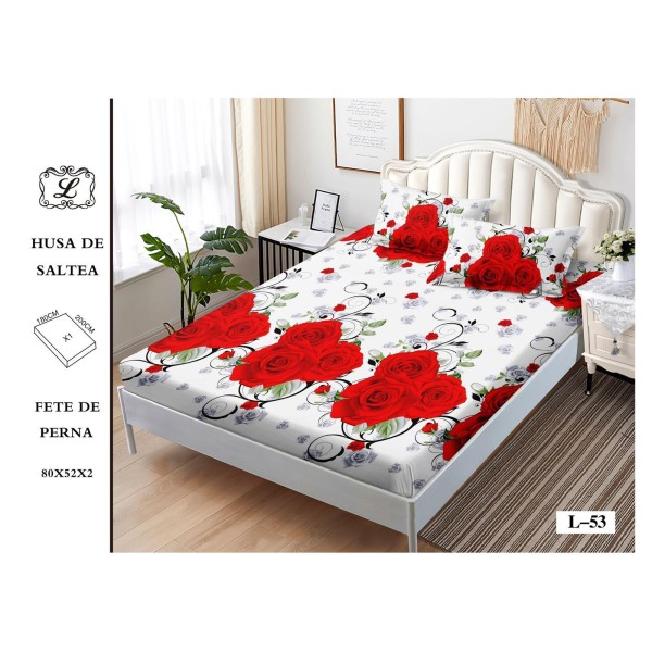 Set 3 Piese Husa din Finet cu Elastic, pentru Pat Dublu, 2 Fete de Perna, Alba cu trandafiri rosii