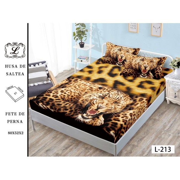 Set 3 Piese Husa din Finet cu Elastic, pentru Pat Dublu, 2 Fete de Perna, Maro, animal print