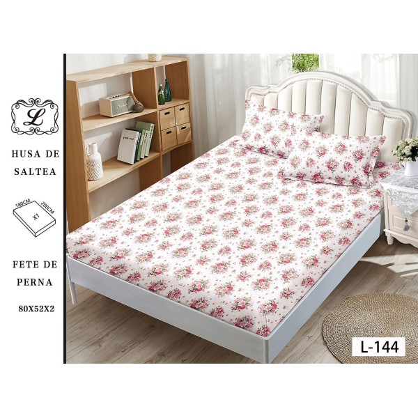 Set 3 Piese Husa din Finet cu Elastic, pentru Pat Dublu, 2 Fete de Perna, Alb-Rosu, flori