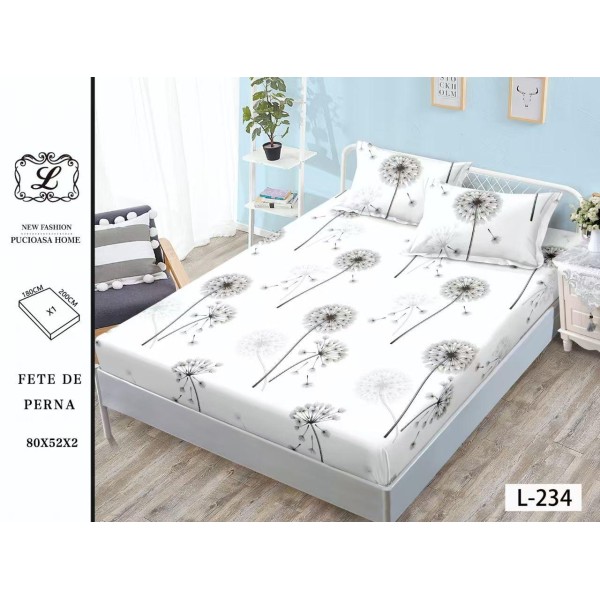 Set 3 Piese Husa din Finet cu Elastic, pentru Pat Dublu, 2 Fete de Perna,L-234