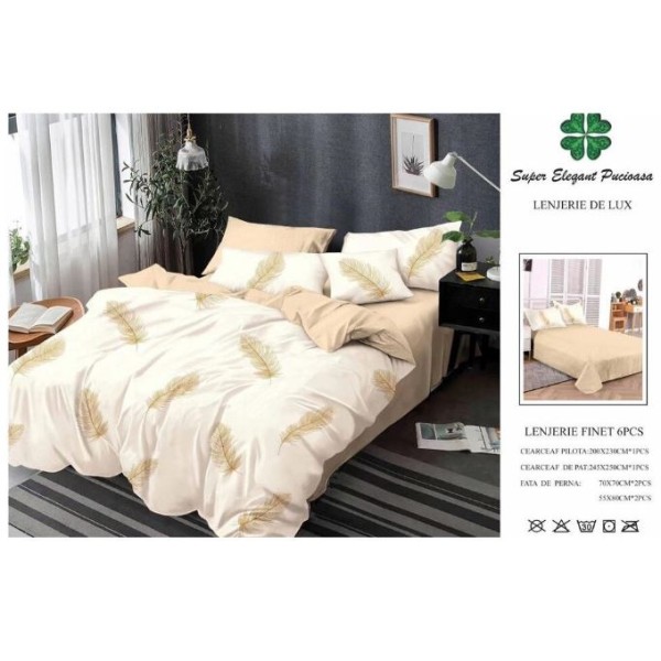Lenjerie de pat dublu, Pucioasa, Finet, 6 piese, 2 persoane, imprimeu Pene Bej, 245x250cm, Alb-Bej Lenjerie de pat dublu, Pucioasa, Finet, 6 piese, 2 persoane, imprimeu Pene Bej, 245x250cm, Alb-Bej
