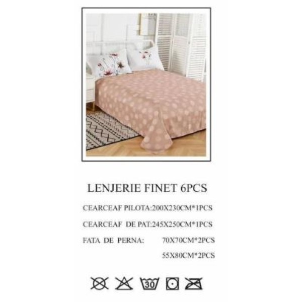 Lenjerie de pat dublu, Pucioasa, Finet, 6 piese, 2 persoane, 245x250cm LL-666 Lenjerie de pat dublu, Pucioasa, Finet, 6 piese, 2 persoane, 245x250cm LL-666