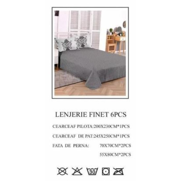 Lenjerie de pat dublu, Pucioasa, Finet, 6 piese, 2 persoane, 245x250cm LL-744 Lenjerie de pat dublu, Pucioasa, Finet, 6 piese, 2 persoane, 245x250cm LL-744