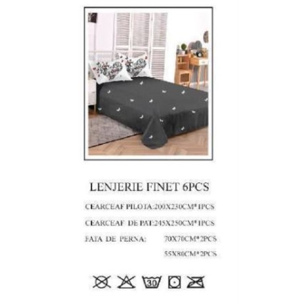 Lenjerie de pat dublu, Pucioasa, Finet, 6 piese, 2 persoane, 245x250cm LL-738 Lenjerie de pat dublu, Pucioasa, Finet, 6 piese, 2 persoane, 245x250cm LL-738