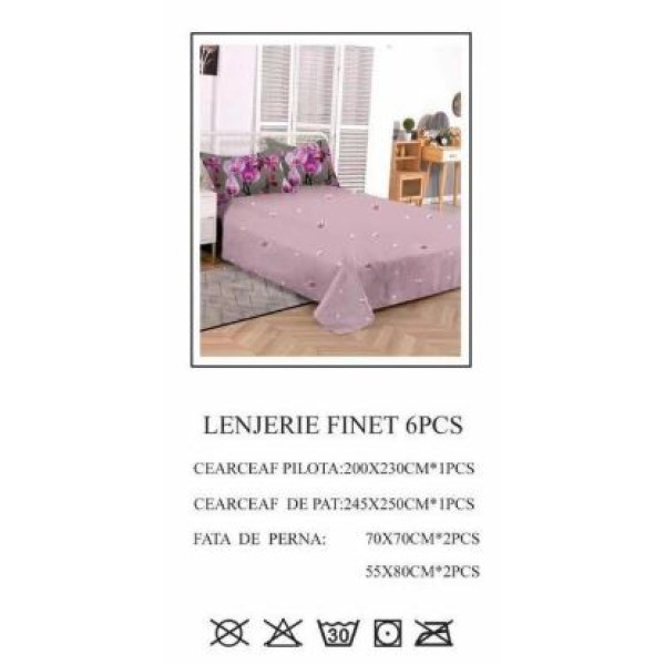 Lenjerie de pat dublu, Pucioasa, Finet, 6 piese, 2 persoane, 245x250cm LL-789 Lenjerie de pat dublu, Pucioasa, Finet, 6 piese, 2 persoane, 245x250cm LL-789