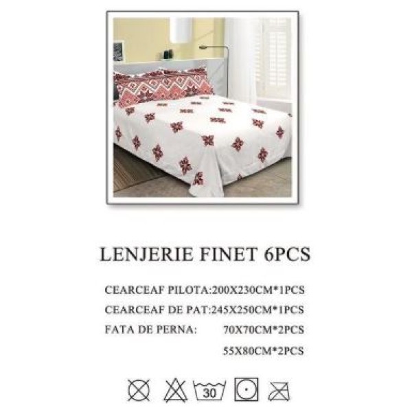 Lenjerie de pat dublu, Pucioasa, Finet, 6 piese, 2 persoane, 245x250cm LL-1026 Lenjerie de pat dublu, Pucioasa, Finet, 6 piese, 2 persoane, 245x250cm LL-1026