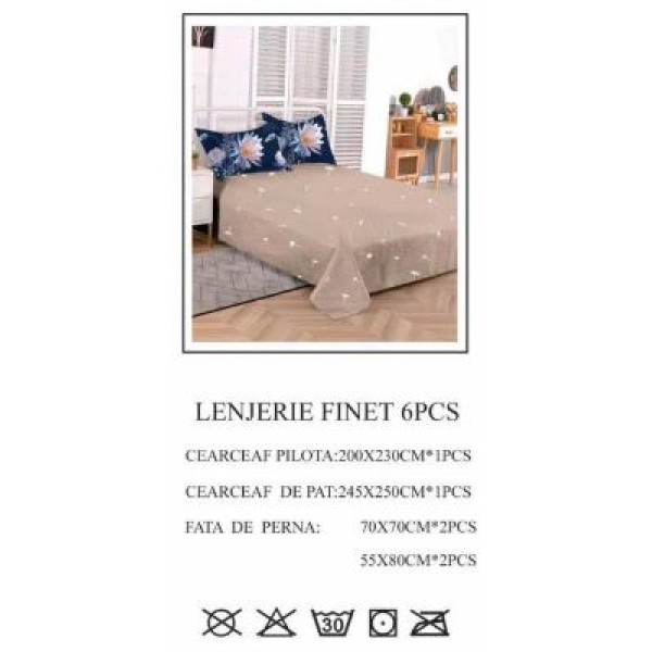 Lenjerie de pat dublu, Pucioasa, Finet, 6 piese, 2 persoane, 245x250cm LL-802 Lenjerie de pat dublu, Pucioasa, Finet, 6 piese, 2 persoane, 245x250cm LL-802