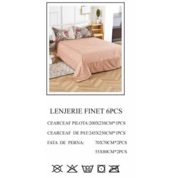 Lenjerie de pat dublu, Pucioasa, Finet, 6 piese, 2 persoane, 245x250cm LL-648 Lenjerie de pat dublu, Pucioasa, Finet, 6 piese, 2 persoane, 245x250cm LL-648