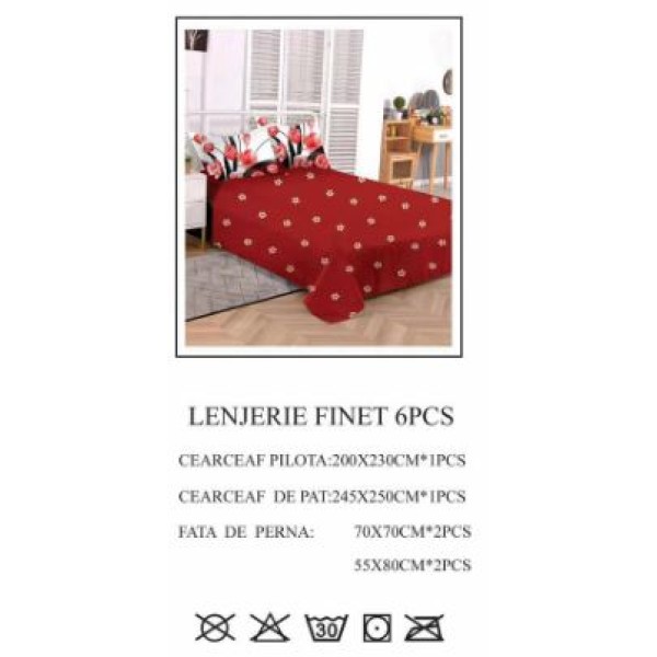 Lenjerie de pat dublu, Pucioasa, Finet, 6 piese, 2 persoane, 245x250cm LL-804 Lenjerie de pat dublu, Pucioasa, Finet, 6 piese, 2 persoane, 245x250cm LL-804