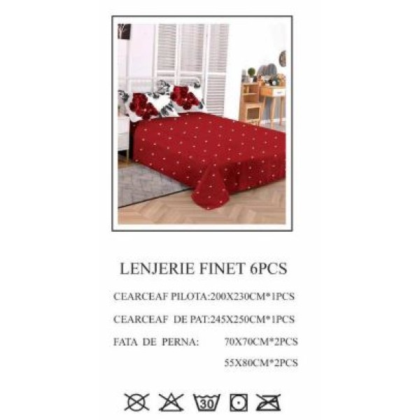 Lenjerie de pat dublu, Pucioasa, Finet, 6 piese, 2 persoane, 245x250cm LL-809 Lenjerie de pat dublu, Pucioasa, Finet, 6 piese, 2 persoane, 245x250cm LL-809