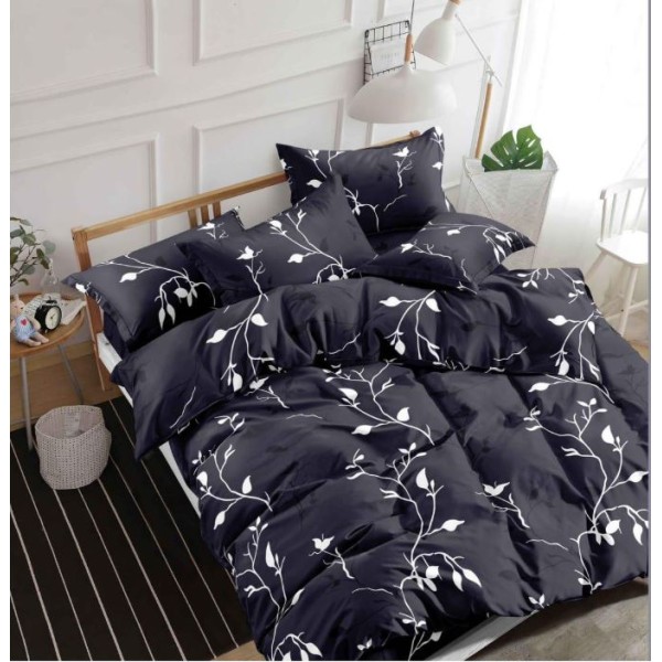 Lenjerie Bumbac Satinat, 4 Piese, 230 x 245 cm, Frunze, Negru/Alb, N-14 Lenjerie Bumbac Satinat, 4 Piese, 230 x 245 cm, Frunze, Negru/Alb, N-14