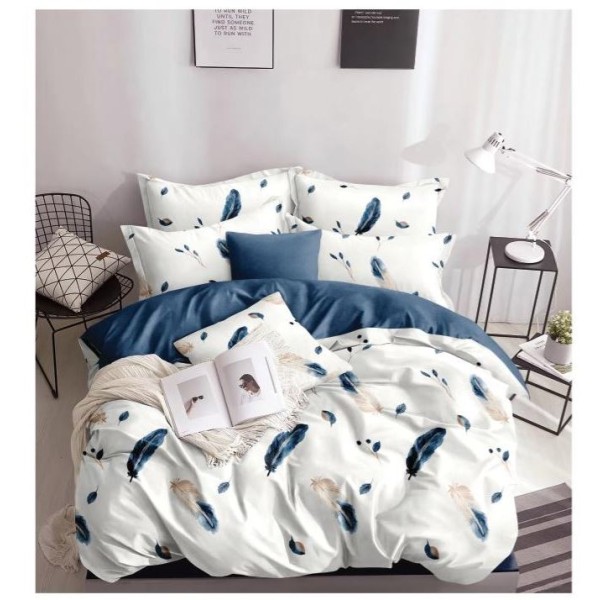Lenjerie Bumbac Satinat, 4 Piese, 230 x 245 cm, Albastru cu Pene, N-538 Lenjerie Bumbac Satinat, 4 Piese, 230 x 245 cm, Albastru cu Pene, N-538