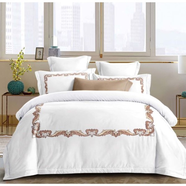 Set Lenjerie Eleganta din Bumbac, cu imprieu deosebit, pentru pat dublu, 4 piese: Cearceaf de pat cu elastic 180 x 200 cm, Cearceaf pilota 200 x 230 cm, 2 fete de perna 55 x 80 cm, BG8018