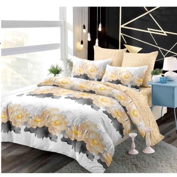 Set Lenjerie Eleganta din Finet , cu imprimeu deosebit, pentru pat dublu, 6 piese: Cearceaf de pat cu elastic 180 x 200 cm, Cearceaf pilota 200 x 230 cm, 2 fete de perna 55 x 80 cm, 2 fete de perna 70 x 70 cm, BB-995