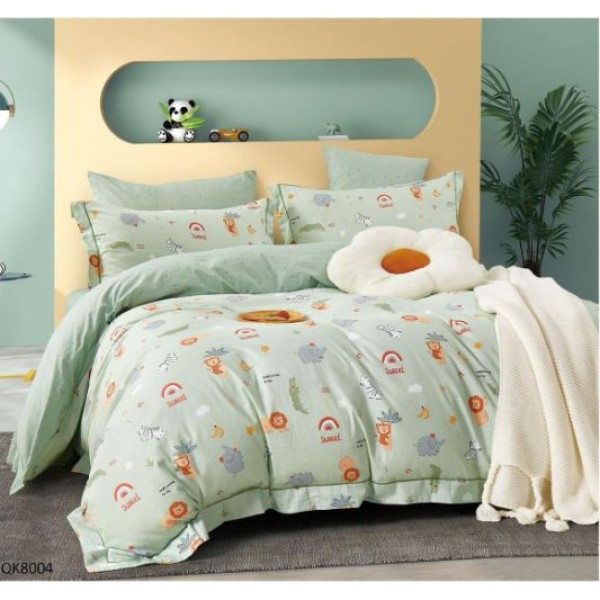 Set Lenjerie Finet 4 Piese din 100% Bumbac Pentru 1 Persoana, cu imprimeu deosebit,: Cearceaf de pat 155 x 230 cm, Cearceaf pilota 160 x 200 cm, 2 fete de perna 55 x 80 cm, QK8004