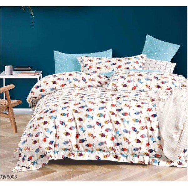 Set Lenjerie Finet 4 Piese din 100% Bumbac Pentru 1 Persoana, cu imprimeu deosebit,: Cearceaf de pat 155 x 230 cm, Cearceaf pilota 160 x 200 cm, 2 fete de perna 55 x 80 cm, QK8003