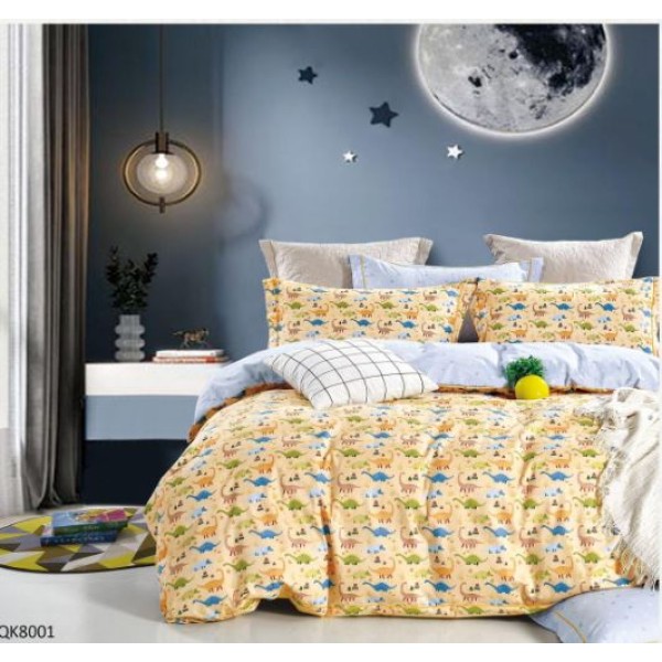 Set Lenjerie Finet 4 Piese din 100% Bumbac Pentru 1 Persoana, cu imprimeu deosebit,: Cearceaf de pat 155 x 230 cm, Cearceaf pilota 160 x 200 cm, 2 fete de perna 55 x 80 cm, QK8001