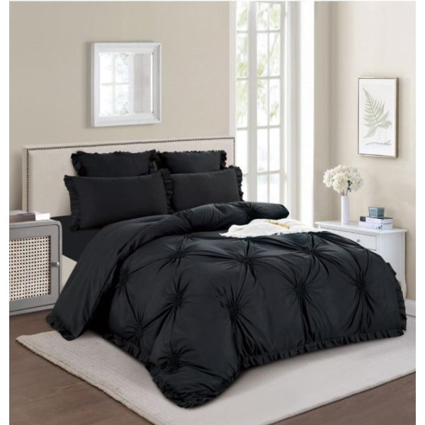 Lenjerie de pat dublu, Bumbac Finet, Cearceaf cu Elastic, 6 Piese, Inimioare Brodate,180x200cm, T1-15