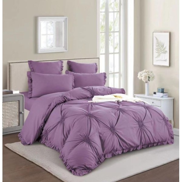 Lenjerie de pat dublu, Bumbac Finet, Cearceaf cu Elastic, 6 Piese, Inimioare Brodate,180x200cm, T1-07