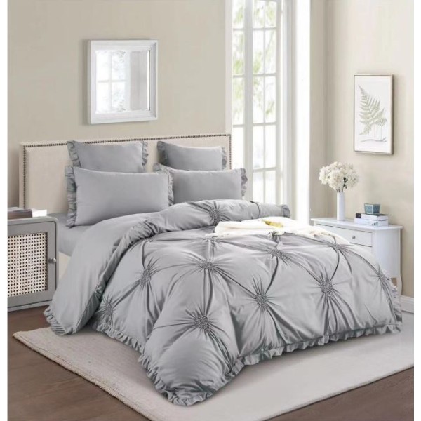 Lenjerie de pat dublu, Bumbac Finet, Cearceaf cu Elastic, 6 Piese, Inimioare Brodate,180x200cm, T1-04
