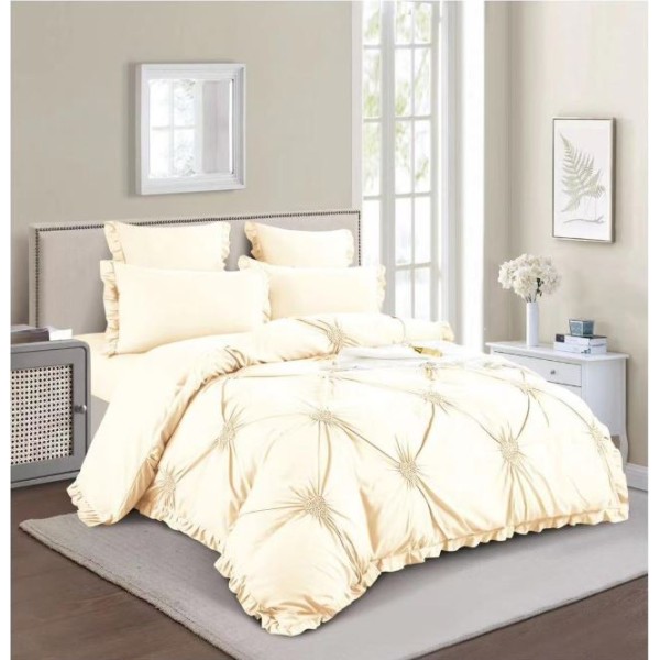 Lenjerie de pat dublu, Bumbac Finet, Cearceaf cu Elastic, 6 Piese, Inimioare Brodate,180x200cm, T1-02