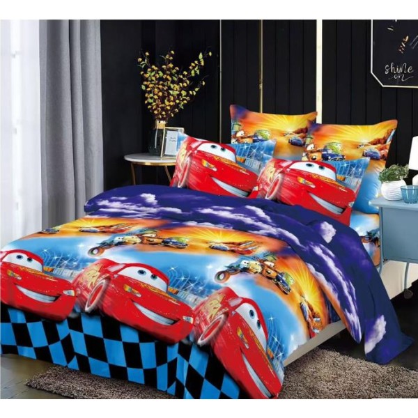 Lenjerie Bumbac tip Finet pufos, ușoară, Model Albastru-masina pentru copii, cearceaf pentru pat 230x250cm, L-281