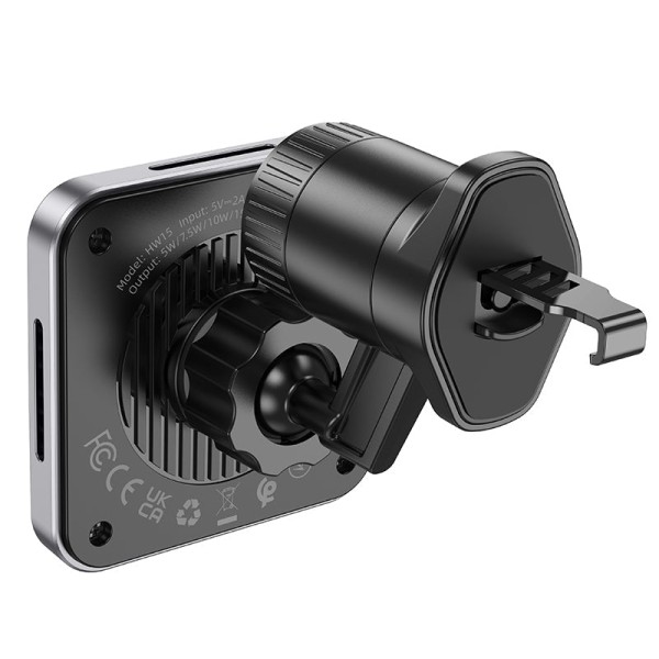 Suport Auto cu incarcare Wireless, HW15, 15W, Magnetic, montaj Ventilatie, cablu USB-C, 1m, Pull Hook, Negru/Gri