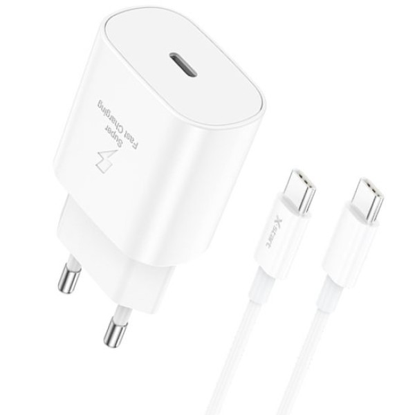 Set Adaptor X-Start CDQ079CC-A si Cablu Type-C, pentru iPhone 15/16 si Android, Incarcare rapida 25W, Alb