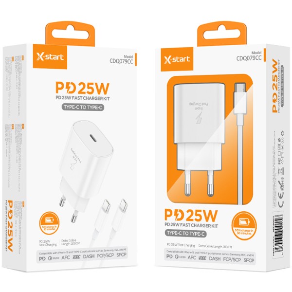 Set Adaptor X-Start CDQ079CC-A si Cablu Type-C, pentru iPhone 15/16 si Android, Incarcare rapida 25W, Alb