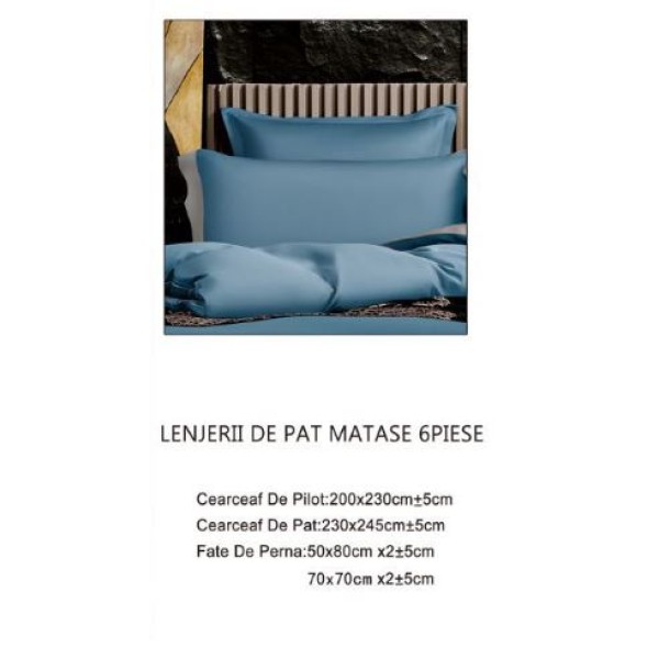 Lenjerie de pat din Matase, 6 Piese, Pat 2 Persoane, Cearceaf de pat 230 x 245cm, TAL-04