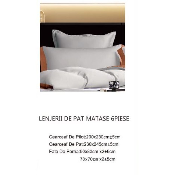 Lenjerie de pat din Matase, 6 Piese, Pat 2 Persoane, Cearceaf de pat 230 x 245cm, TAL-13