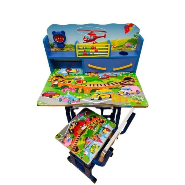 Birou mare cu scaun pentru copii, reglabile, cadru metalic si lemn, Trenulet pe Pod si Masini, cu Polita si Sertar F12 Birou mare cu scaun pentru copii, reglabile, cadru metalic si lemn, Trenulet pe Pod si Masini, cu Polita si Sertar F12