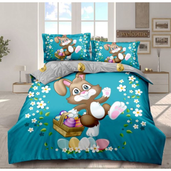 Lenjerie De Pat 4 piese, De Paste, Din Bumbac Finet, Pat 2 Persoane Cu Iepuras Si Floricele, 230x250cm, EF-31 Lenjerie De Pat 4 piese, De Paste, Din Bumbac Finet, Pat 2 Persoane Cu Iepuras Si Floricele, 230x250cm, EF-31