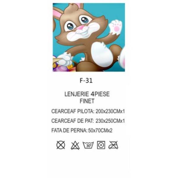 Lenjerie De Pat 4 piese, De Paste, Din Bumbac Finet, Pat 2 Persoane Cu Iepuras Si Floricele, 230x250cm, EF-31