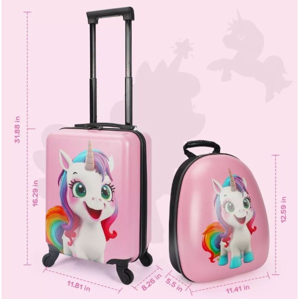 Set 2 bucati, Troler cabina copii si Rucsac copii 47/37 cm, model Unicorn Curcubeu, TR-2
