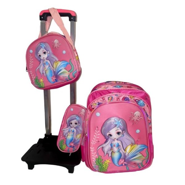 Set Ghiozdan Troler rezistent, cu luminite, Roti din silicon 41x30x18 cm, cu geanta si penar, model Sirena, DNZ5
