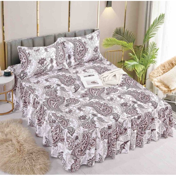 Husa de pat dublu, cu volanase, imprimeu Buchet de Flori, 3 piese, 2 persoane, Finet, 250x270cm-JO-02