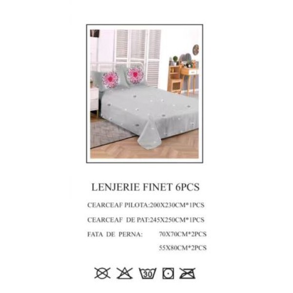Set Lenjerie Eleganta 6 piese din Bumbac Finet, Cearceaf de pat 245x250cm, Pat 2 Persoane, SEP-829 Set Lenjerie Eleganta 6 piese din Bumbac Finet, Cearceaf de pat 245x250cm, Pat 2 Persoane, SEP-829