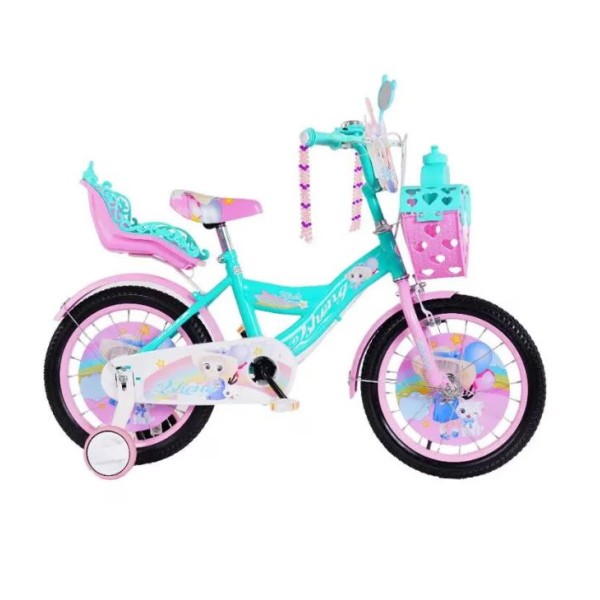 Bicicleta cu Cos Printesa Verde intre 2 -4 ani, Scaun pentru papusi Roti ajutatoare, 12 inch, oglinda, aparatoare, frana de mana fata-spate Bicicleta cu Cos Printesa Verde intre 2 -4 ani, Scaun pentru papusi Roti ajutatoare, 12 inch, oglinda, aparatoare, frana de mana fata-spate