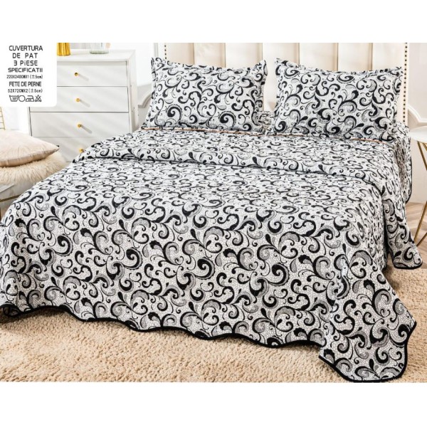 Cuvertura cu DOUĂ FEȚE pentru pat dublu din Bumbac Satinat cu model, Matlasata, 220x240cm, CVT8