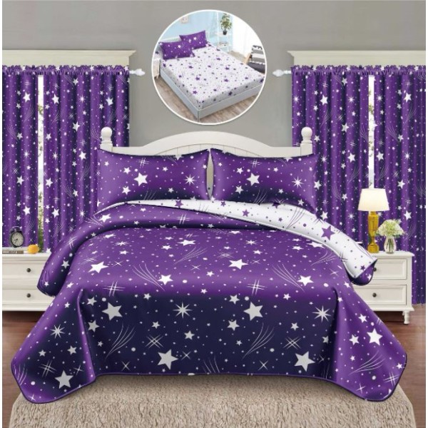 Set Lenjerie Eleganta si 2 Draperii pentru pat dublu din Bumbac Finet compusa din 6 piese, Cearceaf de pat cu elastic 140x200cm+25cm, NW1