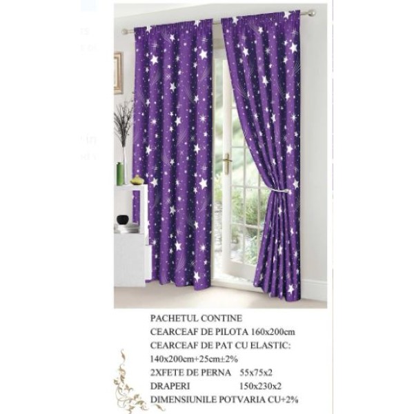 Set Lenjerie Eleganta si 2 Draperii pentru pat dublu din Bumbac Finet compusa din 6 piese, Cearceaf de pat cu elastic 140x200cm+25cm, NW1