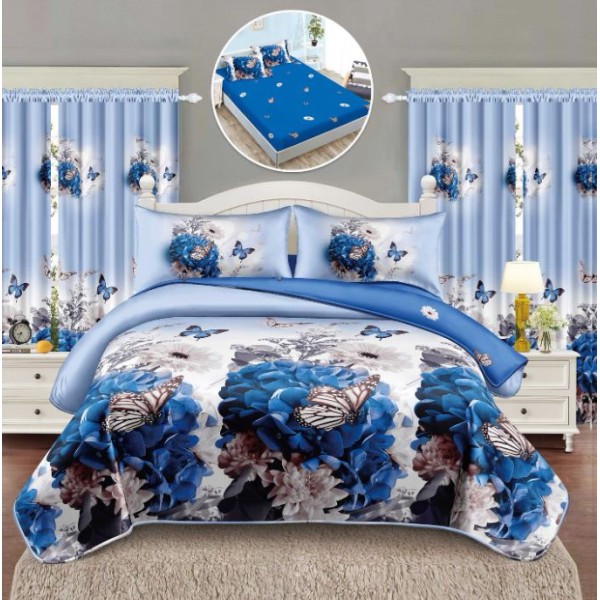 Set Lenjerie Eleganta si 2 Draperii pentru pat dublu din Bumbac Finet compus din 6 piese, Cearceaf de pat cu elastic 140x200cm+25cm, NW2