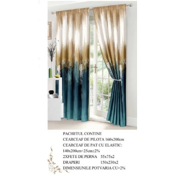 Set Lenjerie Eleganta si 2 Draperii pentru pat dublu din Bumbac Finet compus din 6 piese, Cearceaf de pat cu elastic 140x200cm+25cm, NW3