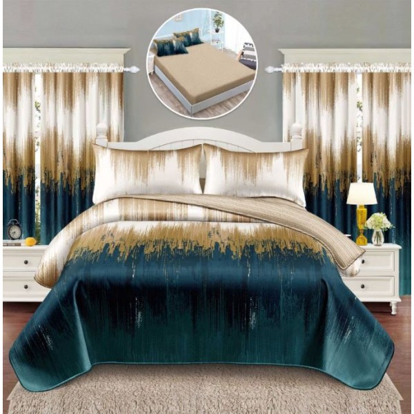 Set Lenjerie Eleganta si 2 Draperii pentru pat dublu din Bumbac Finet compus din 6 piese, Cearceaf de pat cu elastic 140x200cm+25cm, NW3