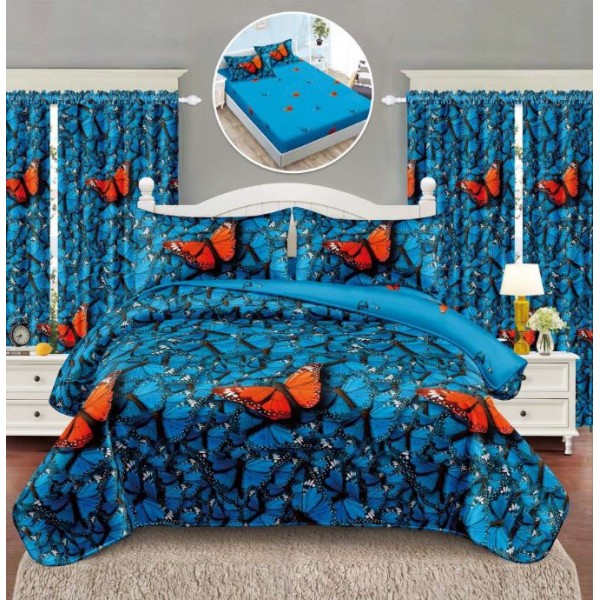 Set Lenjerie Eleganta si 2 Draperii pentru pat dublu din Bumbac Finet compus din 6 piese, Cearceaf de pat cu elastic 140x200cm+25cm, NW4