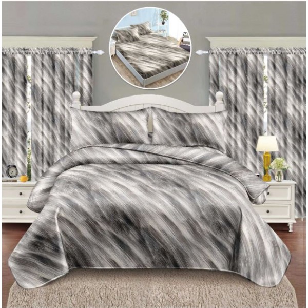 Set Lenjerie Eleganta si 2 Draperii pentru pat dublu din Bumbac Finet compus din 6 piese, Cearceaf de pat cu elastic 140x200cm+25cm, NW5